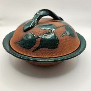 Vintage TG Pottery Covered Dish Brown and Green Glaze.